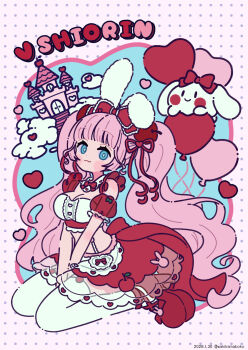 1girl :3 animal animal_ears apple_hair_ornament balloon between_legs blue_eyes blush_stickers bow breasts castle cleavage closed_mouth commentary dated food-themed_hair_ornament hair_ornament hair_ribbon hand_between_legs heart heart_balloon highres long_hair looking_at_viewer medium_breasts neki_(wakiko) original pink_background pink_hair polka_dot polka_dot_background rabbit rabbit_ears red_bow red_ribbon red_shoes red_skirt ribbon shoes sitting skirt smile solo symbol-only_commentary thighhighs twintails twitter_username very_long_hair wariza white_thighhighs