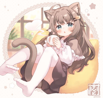 1girl :o ahoge animal_ear_fluff animal_ears biachan_(colon_br) blue_eyes borrowed_character brown_capelet brown_hair brown_sailor_collar brown_skirt capelet cat-shaped_pillow cat_ears cat_girl cat_hair_ornament cat_tail commentary_request commission cup feet frilled_capelet frilled_sleeves frills full_body hair_ornament hairclip holding holding_cup kito_(sorahate) long_hair long_sleeves looking_at_viewer mug no_shoes open_mouth original sailor_collar shirt skeb_commission skirt solo steam tail thighhighs very_long_hair white_shirt white_thighhighs