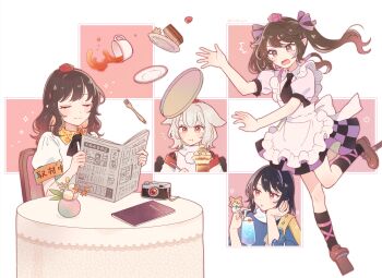 5girls @_@ animal_ears apron armband black_hair black_necktie black_ribbon black_skirt black_socks blonde_hair brown_hair bunbunmaru cake camera chair checkered_clothes checkered_skirt closed_eyes collared_shirt commentary_request cup drinking_glass drinking_straw food fork fox_ears geta hair_ribbon hat head_rest highres himekaidou_hatate iizunamaru_megumu inubashiri_momiji kneehighs kudamaki_tsukasa long_hair medium_hair mozukuzu_(manukedori) multiple_girls neck_ribbon necktie newspaper open_mouth parfait pink_shirt pointy_ears puffy_short_sleeves puffy_sleeves purple_eyes purple_hat purple_ribbon purple_skirt red_eyes red_hat ribbon shameimaru_aya shirt short_hair short_sleeves skirt socks table teacup tengu-geta tokin_hat touhou tray tripping twintails white_apron white_hair white_shirt wolf_ears