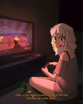 1girl bare_shoulders bottle commentary copyright_request doritos english_commentary english_text flat_screen_tv grawlix_(shibansfw) grey_eyes grey_hair grey_shirt highres looking_at_viewer medium_hair open_mouth original parted_bangs playing_games raised_inner_eyebrows shibansfw shirt short_sleeves sidelocks sitting smile solo talking television