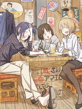 Rule 34 | 3girls, a-chan (hololive), alcohol, beer, black shirt, black shoes, black skirt, blonde hair, blush, brown hair, chair, character request, chopsticks, closed mouth, clothes hanger, collared shirt, commentary request, crate, flats, from side, hand fan, hand in own hair, harusaki nodoka, highres, hololive, indoors, izakaya, jacket, lantern, laughing, looking at another, manager, mane, multiple girls, on chair, pantyhose, paper fan, poster (object), purple hair, shirt, shoe dangle, shoes, sitting, skirt, tauyoshi728, teeth, uchiwa, unworn jacket, upper teeth only, virtual youtuber, white shirt