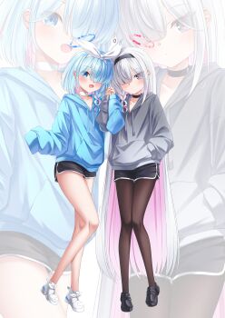 2girls absurdres alternate_costume arona_(blue_archive) black_choker black_hairband black_pantyhose black_shoes black_shorts blue_archive blue_eyes blue_hair blue_halo blue_hoodie blush braid choker closed_mouth colored_inner_hair commentary_request dolphin_shorts eyes_visible_through_hair full_body grey_eyes grey_hoodie hair_over_one_eye hairband halo highres hood hood_down hoodie long_hair long_sleeves looking_at_viewer multicolored_hair multiple_girls open_mouth pantyhose pink_hair plana_(blue_archive) red_halo shira_jun shoes short_hair shorts single_braid smile white_choker white_hair white_shoes zoom_layer
