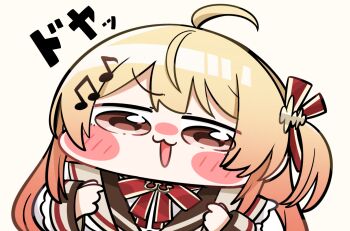 1girl ahoge blonde_hair blush_stickers brown_eyes brown_sailor_collar chibi chibi_only double-parted_bangs doyagao fortissimo gradient_hair hair_ornament hair_ribbon hairclip highres hololive hololive_dev_is jacket kakue_gaku long_hair long_sleeves multicolored_hair musical_note musical_note_hair_ornament neck_ribbon one_side_up orange_hair otonose_kanade otonose_kanade_(1st_costume) red_eyes red_ribbon ribbon sailor_collar sidelocks simple_background smug solo thick_outlines upper_body virtual_youtuber white_jacket yellow_background