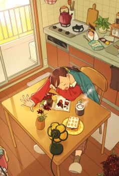 1girl aqua_jacket arm_out_of_sleeve arm_pillow bag book brown_hair brown_socks chair closed_eyes commentary_request counter cup desk_lamp flower food from_above glass_door highres hot_chocolate indoors jacket kitchen lamp layered_sleeves long_hair long_sleeves marshmallow matsumine_(twin-mix) mug on_chair open_bag open_book open_mouth original outstretched_arm oven plant ponytail potted_plant red_flower red_sweater sitting slice_of_life sliding_doors slippers socks solo stove sweater table teapot tile_wall tiles vase wooden_chair wooden_floor wooden_table