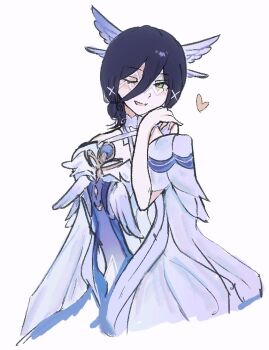 1girl alternate_costume black_hair blush chainsaw_man columbina_(genshin_impact) columbina_(genshin_impact)_(cosplay) commentary cosplay dress english_commentary eye_mask genshin_impact green_eyes hair_between_eyes hair_ornament hand_up head_wings heart ic6pid looking_at_viewer mask one_eye_closed open_mouth reze_(chainsaw_man) short_hair simple_background smile solo white_background white_dress white_wings wings x_hair_ornament