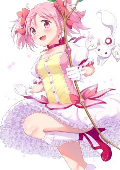 1girl absurdres azuma_rui blush bow bowtie child commentary dress frilled_dress frills highres kaname_madoka kaname_madoka_(magical_girl) kyubey lolita_fashion magical_girl mahou_shoujo_madoka_magica mahou_shoujo_madoka_magica_(anime) mahou_shoujo_madoka_magica_magia_exedra mascot open_mouth pink_eyes pink_hair red_bow red_bowtie short_hair smile socks white_socks