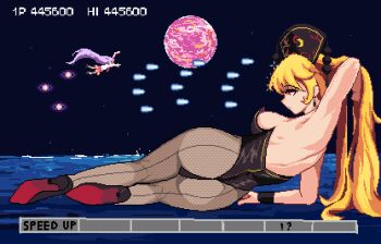 armpits ass back blonde_hair breasts crescent_print dalachi_(headdress) danmaku high_heels junko_(touhou) large_breasts legacy_of_lunatic_kingdom leotard long_hair pantyhose parodius pixel_art playboy_bunny puck100ml purple_hair red_eyes reisen_udongein_inaba strapless strapless_leotard touhou very_long_hair