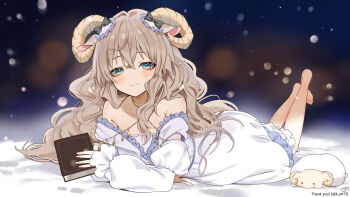 1girl animal_ears barefoot black_bow blue_eyes book bow brown_hair character_request closed_mouth collarbone commentary_request commission copyright_request flower hair_flower hair_ornament highres holding holding_book horns k_(art71) long_hair lying on_stomach skeb_commission twitter_username white_flower