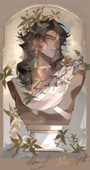 1boy brown_hair dark-skinned_male dark_skin earrings hair_ornament highres jewelry leaf leaf_hair_ornament leaf_on_head liulianjingrua long_hair looking_at_viewer male_focus maple_leaf original parted_bangs parted_lips solo upper_body