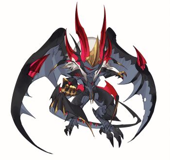 Rule 34 | 1boy, animal feet, black skin, black wings, chinese commentary, claws, colored skin, colored teeth, deformed, digitigrade, dragon boy, dragon horns, dragon tail, dragon wings, facing viewer, full body, grey skin, grey wings, grin, highres, horns, leviair, light brown hair, long hair, male focus, monster boy, multiple horns, multiple wings, no eyes, original, red horns, red teeth, sharp teeth, sidelocks, simple background, smile, solo, tail, teeth, white background, wings