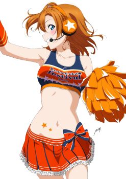 1girl alternate_costume blue_eyes blush bra breasts cheerleader collarbone feet_out_of_frame highres kosaka_honoka looking_at_viewer love_live! love_live!_school_idol_project medium_breasts microphone nagi_mkrnpn navel orange_hair pom_pom_(cheerleading) red_skirt short_hair simple_background skirt smile solo standing stomach underwear white_background