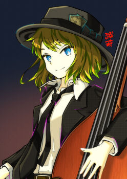 1girl absurdres banknote belt belt_buckle black_hat black_jacket black_necktie blue_eyes bright_pupils brown_hair buckle closed_mouth colored_tips dark_background dated double_bass green_hair hat highres instrument jacket long_sleeves looking_at_viewer money multicolored_hair necktie original shirt short_hair smile solo suit_jacket tsukaasa white_pupils white_shirt wing_collar