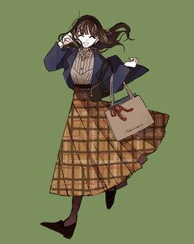 1girl artist_name bag black_bag black_hairband black_shoes blue_jacket bow brown_hair closed_eyes facing_viewer fingernails full_body green_background hairband hand_in_own_hair highres jacket jewelry long_hair long_skirt necklace original pantyhose pearl_necklace plaid_clothes plaid_skirt red_nails ring shirt_tucked_in shoes shopping_bag shoulder_bag simple_background skirt smile solo walking yasu_urayaka