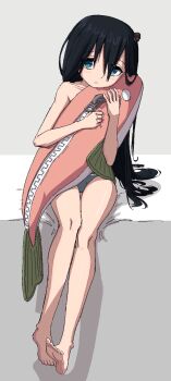 10shionn 1girl black_hair blue_eyes blush fish highres mushroom mushroom_on_head shijima_tsukishima shimeji_simulation stuffed_toy topless_female underwear