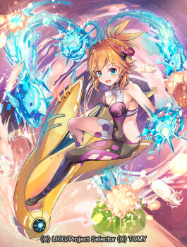 1girl black_leotard blue_eyes blush breasts cleavage copyright_notice hokuyuu leotard medium_breasts medium_hair official_art open_mouth orange_hair ponytail smile solo surfboard surfing vitamin_(wixoss) water wixoss