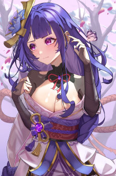 1girl bare_tree blush branch breasts bridal_gauntlets bug butterfly cleavage closed_mouth clothing_cutout commentary_request embarrassed eyeshadow fan_hair_ornament genshin_impact highres huge_breasts insect japanese_clothes kimono makeup mitsudomoe_(shape) mole mole_under_eye neck_ribbon purple_background purple_eyes purple_eyeshadow purple_hair purple_kimono purple_nails raiden_shogun red_ribbon red_sash ribbon sash shoulder_cutout shy solo standing talo_(63078778) tomoe_(symbol) tree upper_body