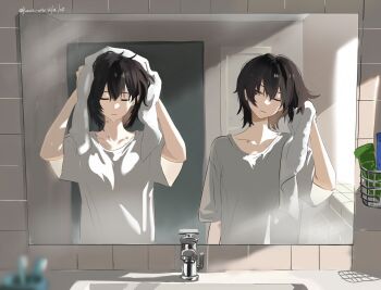 2girls amakura_mayu amakura_mio arm_at_side arms_up bathroom black_hair blurry blurry_foreground brown_eyes closed_eyes closed_mouth collarbone commentary cup dated door drying drying_hair drying_own_hair fatal_frame fatal_frame_ii:_crimson_butterfly faucet flwct hair_between_eyes hand_up hickey highres holding holding_towel incest indoors light_blush looking_at_another looking_to_the_side mirror morning_after multiple_girls one_eye_closed reflection reflection_focus shampoo_bottle shirt short_hair short_sleeves siblings sideways_glance sink sisters toothbrush towel twincest twins twitter_username upper_body wet white_shirt wide_sleeves yuri