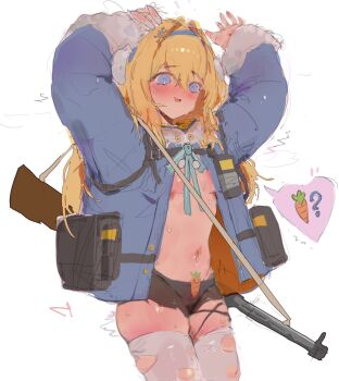 black_dress blonde_hair blue_skirt breasts dress embarrassed girls'_frontline girls'_frontline_2:_exilium gun highres lakis medium_breasts non-web_source original skirt submachine_gun suomi_(girls'_frontline) suomi_(girls'_frontline_2) suomi_kp/-31 weapon