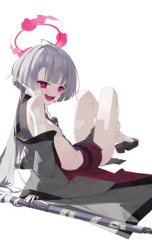 1girl absurdres bandaged_arm bandaged_foot bandaged_hand bandaged_leg bandages bell black_nails blue_archive blush flat_chest gauze gauze_on_cheek gauze_on_face grey_hair grey_sleeves gun halo highres japanese_clothes jingle_bell li-mi long_hair looking_at_viewer open_mouth red_eyes red_halo shuro_(blue_archive) sideless_dress sideless_kimono sideless_outfit simple_background smile solo weapon white_background