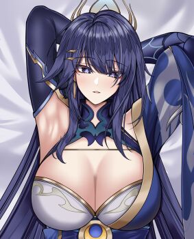 1girl armpits arms_behind_head blue_pupils breasts cleavage collar commentary_request detached_sleeves earrings eyeliner hair_ornament hairclip highres honkai_(series) honkai_impact_3rd huge_breasts japanese_clothes jewelry long_hair lying makeup open_clothes purple_eyes purple_hair raiden_mei single_detached_sleeve single_earring tor_ai upper_body very_long_hair