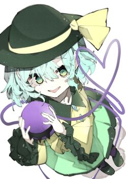 Rule 34 | 1girl, absurdres, breasts, buttons, commentary, diamond button, eyeball, frilled sleeves, frills, green eyes, green hair, green hat, green skirt, hat, hat ribbon, heart, heart of string, highres, komeiji koishi, kuromaru ira, long sleeves, looking at viewer, open mouth, ribbon, shirt, simple background, skirt, small breasts, smile, solo, third eye, touhou, white background, wide sleeves, yellow ribbon, yellow shirt