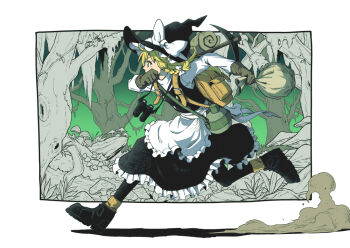 1girl backpack bag forest gloves hat inuno_rakugaki kirisame_marisa nature pickaxe running solo touhou witch_hat