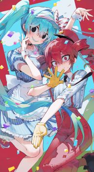 2girls absurdly_long_hair absurdres aqua_hair black_choker black_eyes black_footwear blue_dress blue_shirt blue_sky blush border c: choker closed_mouth cloud collared_shirt commentary_request confetti constricted_pupils crazy cumulonimbus_cloud dancing dress dress_shirt drill_hair empty_eyes floating_hair floating_neckwear foot_up frilled_dress frills gloves grass grin hair_between_eyes hair_intakes hands_up hat hatsune_miku high-waist_pants highres kasane_teto long_hair looking_at_viewer maratang mesmerizer_(vocaloid) multiple_girls necktie nervous nervous_smile nervous_sweating outside_border pants parted_lips pinstripe_dress pinstripe_hat pinstripe_pattern reaching reaching_towards_viewer red_background red_border red_eyes red_footwear red_hair red_hat red_necktie red_pants red_suspenders roller_skates scared shaded_face sharp_teeth shirt shoes skates sky smile spread_fingers standing standing_on_one_leg strap_slip striped_clothes striped_shirt sweat teeth tilted_headwear twin_drills twintails utau vertical-striped_clothes vertical-striped_shirt very_long_hair visor_cap vocaloid wavy_mouth white_shirt wide-eyed wrist_cuffs yellow_gloves