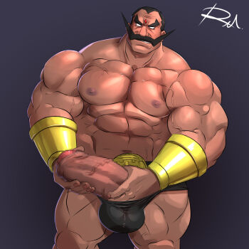 Rule 34 | 1boy, abs, bara, darun mister, hand on penis, highres, huge penis, male focus, muscular, pectorals, penis, penis grab, rekuramon, solo, street fighter, topless male, underwear