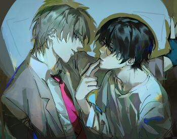 2boys black_hair brown_eyes brown_hair cirrus_baek commentary cosplay english_commentary eye_contact finger_to_mouth from_side glasses highres l_(death_note) l_(death_note)_(cosplay) long_sleeves looking_at_another lost_in_the_cloud male_focus multiple_boys necktie rain_(neporain) red_eyes round_eyewear shadow shirt short_hair skylar_yeon upper_body white_shirt yagami_light yagami_light_(cosplay) yaoi