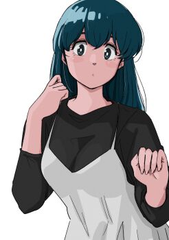 blue_eyes blue_hair clenched_hands closed_mouth dress highres maison_ikkoku non-web_source otonashi_kyouko poppowerhearts see-through_clothes see-through_dress white_background white_dress