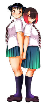 Rule 34 | 2girls, back-to-back, black hair, black socks, blunt bangs, blunt ends, breasts, brown eyes, brown necktie, brown shoes, closed mouth, collared shirt, commentary request, diagonal-striped clothes, diagonal-striped necktie, double bun, from side, full body, green skirt, hair bun, hair over one eye, highres, holding hands, kamogawa mai, kijitani ayano, kneehighs, loafers, medium breasts, multiple girls, necktie, pleated skirt, red eyes, red hair, school uniform, shirt, shirt tucked in, shoes, short hair, simple background, skirt, smile, socks, sogabe toshinori, standing, striped clothes, untucked shirt, white background, white shirt, yankee jk kuzuhana-chan
