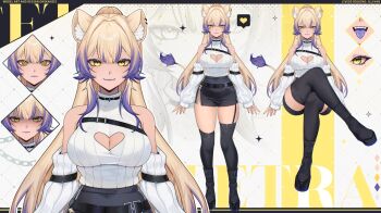 1girl @_@ animal_ear_fluff animal_ears artist_name black_boots black_garter_straps black_skirt black_thighhighs blonde_hair boots breasts character_name cleavage cleavage_cutout closed_mouth clothing_cutout color_guide colored_tongue commentary crossed_legs english_commentary facial_mark garter_straps heart_cutout highres long_hair multicolored_hair multiple_expressions oni_kanzei open_mouth purple_hair purple_lips purple_nails purple_tongue reference_sheet ribbed_sweater single_garter_strap skirt sleeveless sleeveless_sweater sleeves_past_wrists star_(symbol) star_facial_mark streaked_hair sweater tail tetra_mh thighhighs virtual_youtuber white_sweater