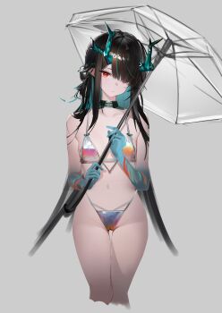 1girl absurdres alternate_costume aqua_hair aqua_horns aqua_skin arknights bare_arms bare_shoulders bikini black_hair breasts closed_mouth collar collared_bikini colored_inner_hair colored_skin cropped_legs dragon_girl dragon_horns dragon_tail dusk_(arknights) earrings eastern_dragon_horns eastern_dragon_tail gradient_skin green_collar grey_background grey_bikini hair_over_one_eye hair_over_shoulder hashtag-only_commentary head_tilt highleg highleg_bikini highres holding holding_umbrella horns jewelry ligod long_hair looking_at_viewer medium_breasts multicolored_hair multicolored_skin no_pants orange_skin pointy_ears red_eyes red_skin simple_background solo standing stomach string_bikini swimsuit tail two-tone_hair umbrella white_collar