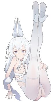 1girl absurdres animal_ears ass azur_lane blue_eyes blush braid choker closed_mouth cross-shaped_pupils crotchless crotchless_pantyhose expressionless fake_animal_ears flat_chest full_body high_heels highres kneepits le_malin_(azur_lane) le_malin_(listless_lapin)_(azur_lane) legs_up leotard loli long_hair looking_at_viewer official_alternate_costume pantyhose playboy_bunny rabbit_ears s10021 simple_background solo symbol-shaped_pupils thigh_strap thighs twin_braids white_background white_hair white_leotard white_pantyhose wrist_cuffs
