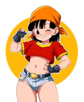 1girl bandana black_eyes black_hair blush chain denim denim_shorts dragon_ball dragon_ball_gt female_focus fingerless_gloves gloves highres kazu_satou loli navel one_eye_closed pan_(dragon_ball) shirt short_shorts shorts smile solo thighs wink