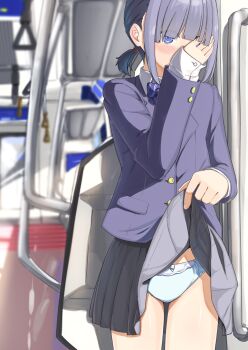 Rule 34 | 1girl, absurdres, blazer, blue eyes, blue necktie, blue panties, blunt bangs, blurry, blurry background, blush, bow, bow panties, buttons, clothes lift, collared shirt, cowboy shot, depth of field, diagonal-striped clothes, diagonal-striped necktie, embarrassed, exhibitionism, grey skirt, highres, jacket, lifting own clothes, looking at viewer, necktie, negimiso1989, original, panties, pleated skirt, public indecency, purple hair, purple jacket, shirt, short hair, short twintails, sidelocks, skirt, solo, striped clothes, train interior, twintails, underwear, white shirt