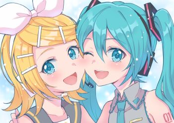 Rule 34 | 2girls, aqua eyes, aqua hair, aqua necktie, bare shoulders, black sleeves, blonde hair, bow, cheek-to-cheek, commentary request, hair ornament, hairclip, hand on another's shoulder, hatsune miku, headphones, heads together, highres, kagamine rin, long hair, looking at viewer, multiple girls, neckerchief, necktie, number tattoo, one eye closed, open mouth, short hair, smile, supo01, tattoo, twintails, very long hair, vocaloid, white bow, yellow neckerchief