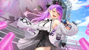 Rule 34 | 1girl, absurdres, belt, black belt, black hat, black skirt, cardigan, cloud, colored inner hair, commentary request, earrings, glowstick, green eyes, grey cardigan, hat, highres, holding, holding microphone, hololive, jewelry, kimiiki seikibo, microphone, multicolored hair, one eye closed, open cardigan, open clothes, open mouth, penlight (glowstick), pink hair, pleated skirt, purple hair, shirt, skirt, sky, sleeveless, sleeveless shirt, smile, teeth, tokoyami towa, tokoyami towa (jirai kei), upper teeth only, virtual youtuber, white shirt