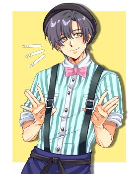 1boy absurdres black_hair black_hat border bow bowtie closed_mouth commentary curtained_hair eiyuu_densetsu english_commentary hair_between_eyes hat highres joshua_bright male_focus parted_bangs pink_bow pink_bowtie shirt short_hair simple_background sleeves_rolled_up smile solo sora_no_kiseki striped_clothes striped_shirt suspender_pants traditional_bowtie two-tone_background upper_body vertical-striped_clothes vertical-striped_shirt waiter white_border yellow_background yellow_eyes yuzukiyo