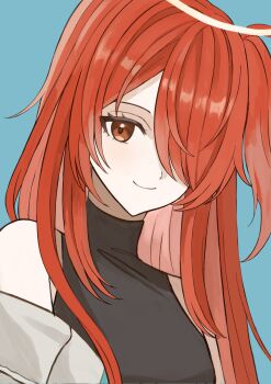 1girl absurdres arknights bare_shoulders black_shirt blue_background brown_eyes closed_mouth commentary english_commentary exusiai_(arknights) exusiai_(teenage)_(arknights) hair_over_one_eye halo highres long_hair mixed-language_commentary one_eye_covered portrait red_hair shirt simple_background sleeveless sleeveless_shirt smile solo traditional_halo turtleneck turtleneck_shirt udo_(akn_otk) white_halo