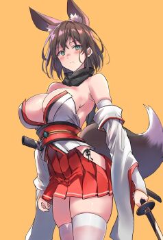 1girl animal_ear_fluff animal_ears black_scarf brown_hair clothing_cutout detached_sleeves extra_ears fox_ears fox_tail from_side green_eyes hakama hakama_short_skirt hakama_skirt highres hip_vent holding holding_sword holding_weapon japanese_clothes looking_to_the_side miniskirt mole mole_under_mouth obi original panties pleated_skirt red_skirt sash sawaya_(mizukazu) scarf sheath short_hair side-tie_panties skindentation skirt solo strapless sword tail thighhighs underwear weapon white_sleeves white_thighhighs wide_sleeves yellow_background
