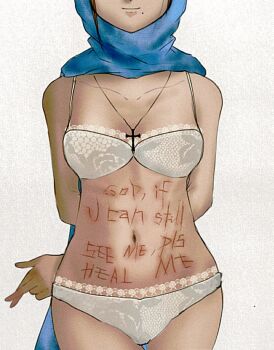 1girl body_writing bra brown_hair cross crossed_fingers fuquan9921 head_out_of_frame jewelry lace_trim lingerie mole mole_under_mouth navel necklace original panties scarf solo symbolism underwear underwear_only white_bra