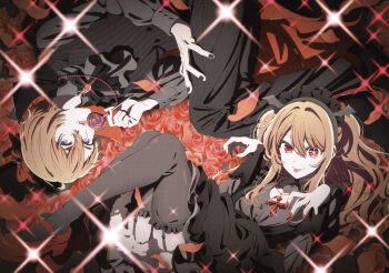 1boy 1girl absurdres anime_coloring ascot bat_wings black_bow black_bowtie black_cape black_hat black_nails black_pants black_shoes black_theme black_vest blonde_hair blue_eyes bow bowtie brooch brother_and_sister candy cape dress fangs fingernails floral_background flower food frilled_thighhighs frills garter_straps grey_ascot grey_dress grey_shirt halloween hat hat_bow highres holding holding_candy holding_food holding_lollipop hoshino_aquamarine hoshino_ruby jewelry lollipop long_hair long_sleeves looking_at_viewer mismatched_pupils nail_polish non-web_source official_art open_mouth oshi_no_ko pants pink_eyes red_bow red_flower red_nails red_rose rose rose_background scan self-scan shirt shoes short_hair siblings sidelocks star-shaped_pupils star_(symbol) symbol-shaped_pupils teeth thighhighs tongue tongue_out top_hat twins two_side_up vest wings