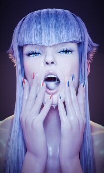 1girl 3d absurdres blue_eyes commentary cum cum_in_mouth cum_on_body english_commentary facial flag_nails french_flag fugtrup half-closed_eyes hands_on_own_face highres looking_at_viewer manon_legrand open_mouth protected_link short_hair_with_long_locks solo street_fighter teeth topless_female upper_body upper_teeth_only