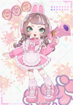 Rule 34 | 1girl, animal ears, apron, bandaid, bandaid on knee, bandaid on leg, bandaid on thigh, bow, bowtie, braid, brown hair, bunny headphones, carrot hair ornament, commentary, commission, dress, eyebrow cut, fake animal ears, fang, food-themed hair ornament, frilled apron, frilled dress, frilled sailor collar, frills, full body, green eyes, hair ornament, headphones, highres, holding, holding weapon, long hair, long sleeves, looking at another, multicolored hair, name tag, nintendo, octoling, octoling girl, octoling player character, open mouth, pink dress, pink sailor collar, pink shoes, pink socks, puchiman, rabbit hair ornament, sailor collar, sailor dress, shoes, smile, socks, solo, splatoon (series), splattershot jr. (splatoon), standing, streaked hair, tentacle hair, twin braids, untranslatable commentary, v-shaped eyebrows, watermark, watermark grid, weapon, white apron, white bow, white bowtie, white hair