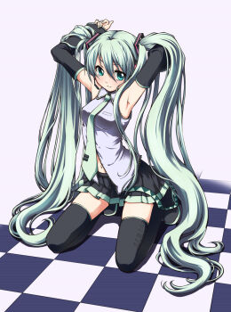 1girl armpits arms_up black_boots black_skirt black_sleeves blue_eyes blue_hair blue_necktie boots breasts checkered_floor closed_mouth collared_shirt colorized commentary_request detached_sleeves full_body ginta grey_shirt hair_ornament hatsune_miku highres kneeling komachi_(natsu) long_hair looking_at_viewer medium_breasts miniskirt monochrome navel necktie perspective pleated_skirt seiza shirt sitting skirt sleeveless sleeveless_shirt smile solo thigh_boots thighhighs twintails very_long_hair vocaloid zettai_ryouiki