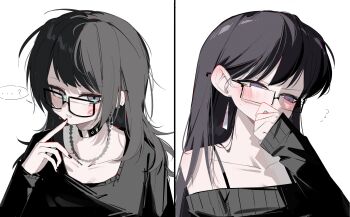 ...? 2girls absurdres aqua_eyes bang_dream! bang_dream!_it's_mygo!!!!! black_choker black_hair black_shirt black_sweater blush brown_hair choker commentary ear_blush earrings flying_sweatdrops glasses highres jewelry lipstick_mark lipstick_mark_on_face long_hair multiple_girls necklace off-shoulder_sweater off_shoulder parted_lips purple_eyes shiina_taki shirt simple_background sweater symbol-only_commentary white_background yahata_umiri yuri zikiki1092