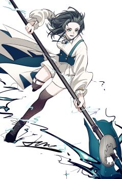 1girl absurdres bang_dream! bang_dream!_it&#039;s_mygo!!!!! black_boots black_hair black_thighhighs blue_corset blue_eyes boots breasts chinese_commentary commentary_request corset hero45439083942 highres holding holding_weapon medium_breasts medium_hair open_mouth running shirt shorts simple_background solo thighhighs weapon white_background white_shirt white_shorts yahata_umiri