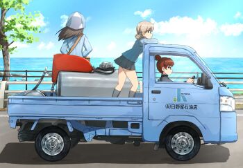 3girls absurdres aki_(girls_und_panzer) back black_skirt black_socks blonde_hair blue_jacket blue_sky brown_hair cloud cloudy_sky commentary_request driving girls_und_panzer highres jacket keizoku_military_uniform long_hair looking_back mika_(girls_und_panzer) mikko_(girls_und_panzer) motor_vehicle multiple_girls ocean omachi_(slabco) outdoors red_hair short_hair sitting skirt sky socks standing tree truck twintails
