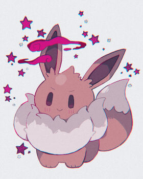 >:) :> brown_eyes brown_fur chromatic_aberration closed_mouth dynamax eevee fluffy full_body gen_1_pokemon gigantamax gigantamax_eevee highres looking_at_viewer mane nintendo no_humans piyoyoyo4 pokemon pokemon_(creature) pokemon_focus simple_background solo star_(symbol) striped_blush v-shaped_eyebrows white_background |_|